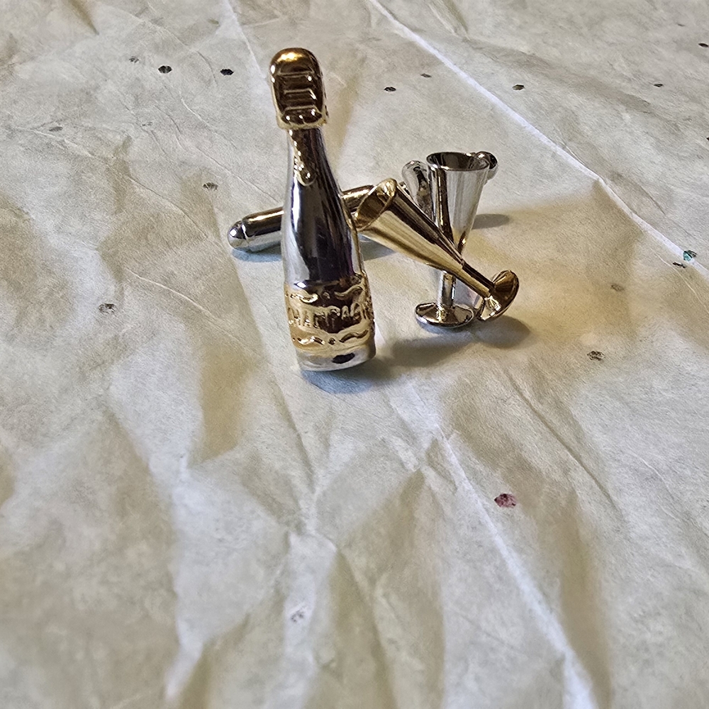 Mens Brand New Stainless Steel Gold and Silver Champagne Bottle Cufflinks